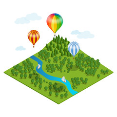 Hot air balloon over the forest, over the  mountains and clouds. Flat 3d vector isometric illustration hot air balloons