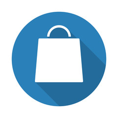 Flat white Shopping Bag web icon with long drop shadow on blue c