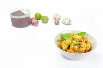 Stir fish ball with spicy herbs on background