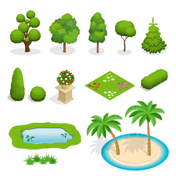 Isometric Flat Vector Trees Elements For Landscape Design. Diversity Of Trees Set On White. Trees, Shrubs, Flowers, Flower Bed, Palm Illustration.