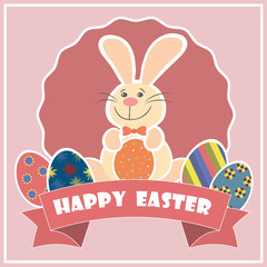Easter Background with cute rabbit, colorful eggs and a chick
