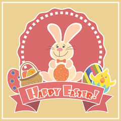 Easter Background with cute rabbit, colorful eggs and a chick