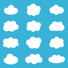 Flat design cartoon cute cloud set, collection on blue background.