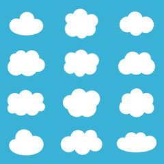 Flat design cartoon cute cloud set, collection on blue background.