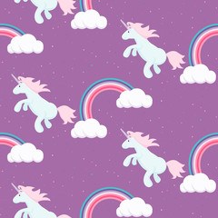 Cute unicorn child seamless vector pattern. Baby fabric design, surface  purple textile for kid clothes, bed linen.