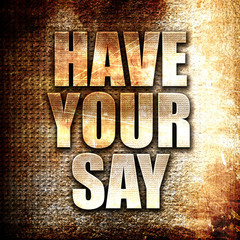 have your say, written on vintage metal texture