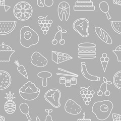 Thin line icons seamless pattern. Food, vegetables and fruits icon grey background for websites, apps, presentations, cards, templates or blogs.