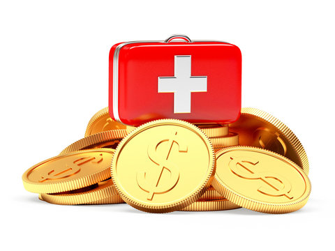 Red Medical Bag On A Pile Of Coins Isolated On White Background