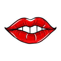 Open female mouth with red lips. Womens lips isolated on a white background. Vector illustration of sexy lips. Mouth kiss.