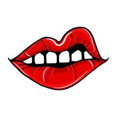 Open female mouth with red lips. Womens lips isolated on a white background. Vector illustration of sexy lips. Mouth kiss.