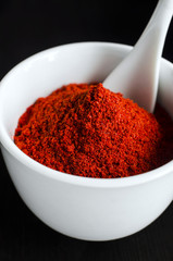 Paprika powder in a white ceramic bowl close up