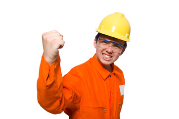 Man in orange coveralls isolated on white
