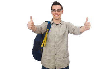 Smiling caucasian student with backpack isolated on white