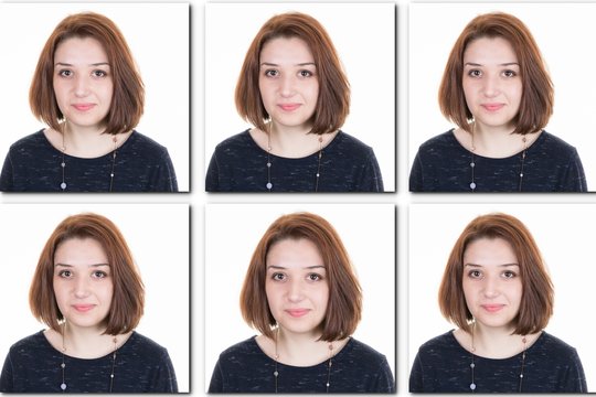 Identification photo of a young girl for id card driver license Collage of 6 pictures