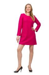 Pretty girl in pink dress isolated on white