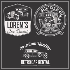 Retro car rental isolated logo set emblems, badges and design elements on dark background