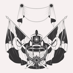 Composition of vintage military equipment, badge, emblem isolated on white background