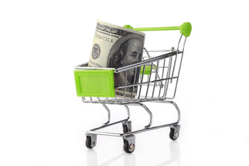 Mini size shopping cart with US Dolar inside on white background
