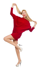 Pretty girl in red dress isolated on white