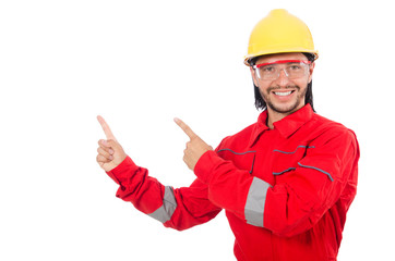 Man wearing red coveralls isolated on white