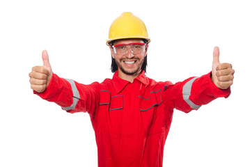 Man wearing red coveralls isolated on white