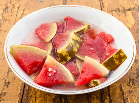 Pickled Watermelon On White Plate