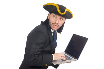 Pirate businessman holding laptop isolated on white