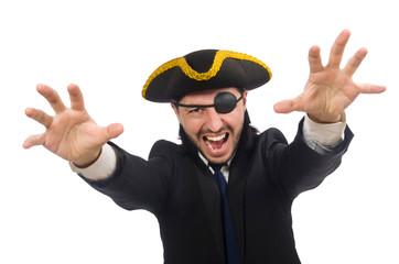 Pirate businessman wearing tricorn isolated on white