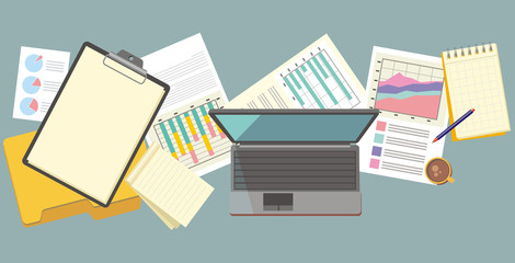 Work Table Document and Laptop Design Flat