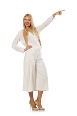 Blond hair model in elegant flared pants isolated on white