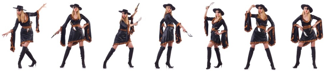 Woman pirate in various poses on white