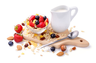 Healthy breakfast with muesli, berries and milk