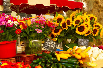 Provence market with food and flowers