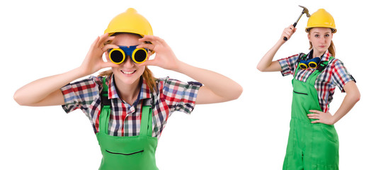 Woman in green coveralls isolated on white