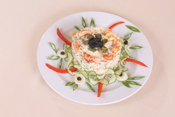 salad with fresh cucumber, egg and shrimp