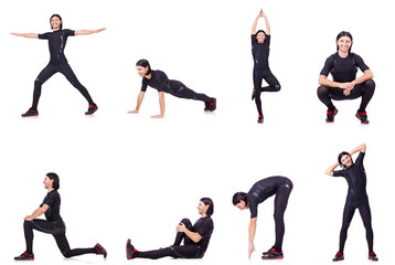 Young man doing exercises on white