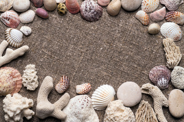 Seashells and pebbles on sacking.