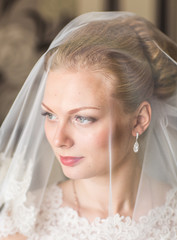 Beautiful bride with fashion wedding hairstyle. Closeup portrait of young gorgeous bride. 