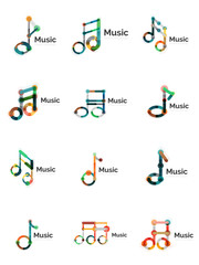 Music note logo set, flat thin line geometric icons