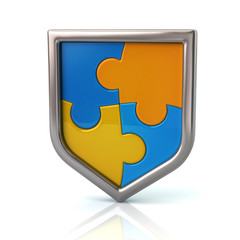 Puzzle shield with blue and yellow pieces