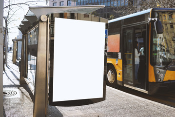 Mock up of blank advertising billboard or light bos on the bus stop