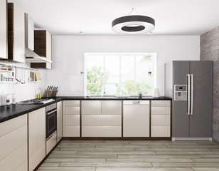 Modern kitchen interior 3d rendering