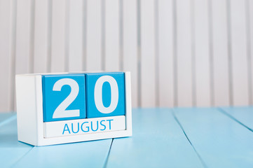 August 20th. Image of august 20 wooden color calendar on blue background. Summer day. Empty space for text. International Homeless Animals Day