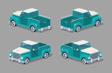 Turquoise retro pickup. 3D lowpoly isometric vector illustration. The set of objects isolated against the grey background and shown from different sides