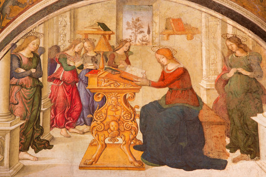 Rome - The fresco The Annunciation by helper of Aiuto del Pinturicchio (1489 - 1491) in Basso della Rovere chapel in church Basilica di Santa Maria del Popolo.
