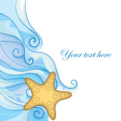 Fototapeta na wymiar Vector illustration of dotted Starfish or Sea star in orange and blue curly lines isolated on white background. Maritime theme for summer design. Marine elements in dotwork style. 