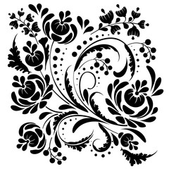 vector black and white floral vignette with curls on a white background