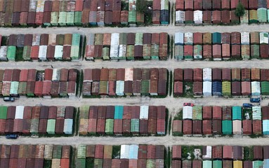 View of Russian garages, soviet garages from the top, urban view, Old steel garages , view from the top