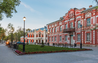 Pskov. Pushkin Street, view of the Pskov Academic Drama Theatre named after Alexander Pushkin - obrazy, fototapety, plakaty