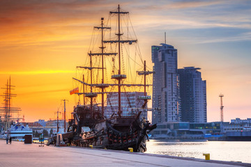 Sunset cityscape of Gdynia city at Baltic sea, Poland - obrazy, fototapety, plakaty